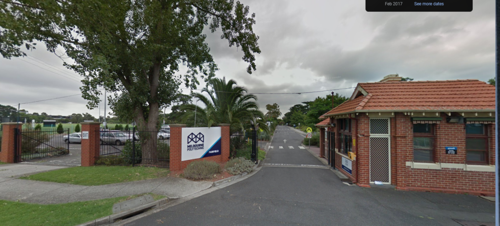 A Google Street View image of the street entrance to the Melbourne Polytechnic Fairfield campus