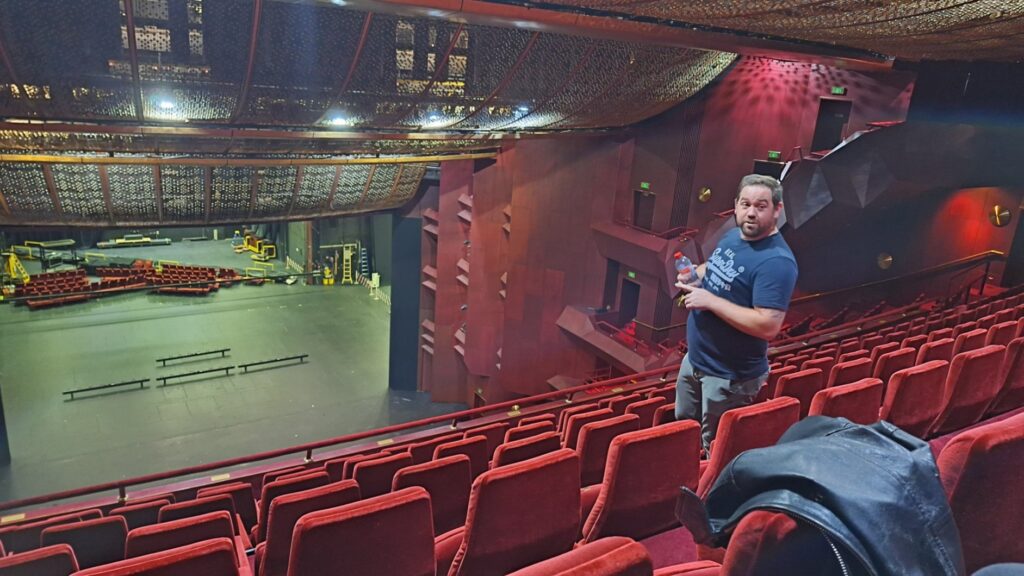 View down on the stage from the auditorium. Nick Walker describing the theatre.